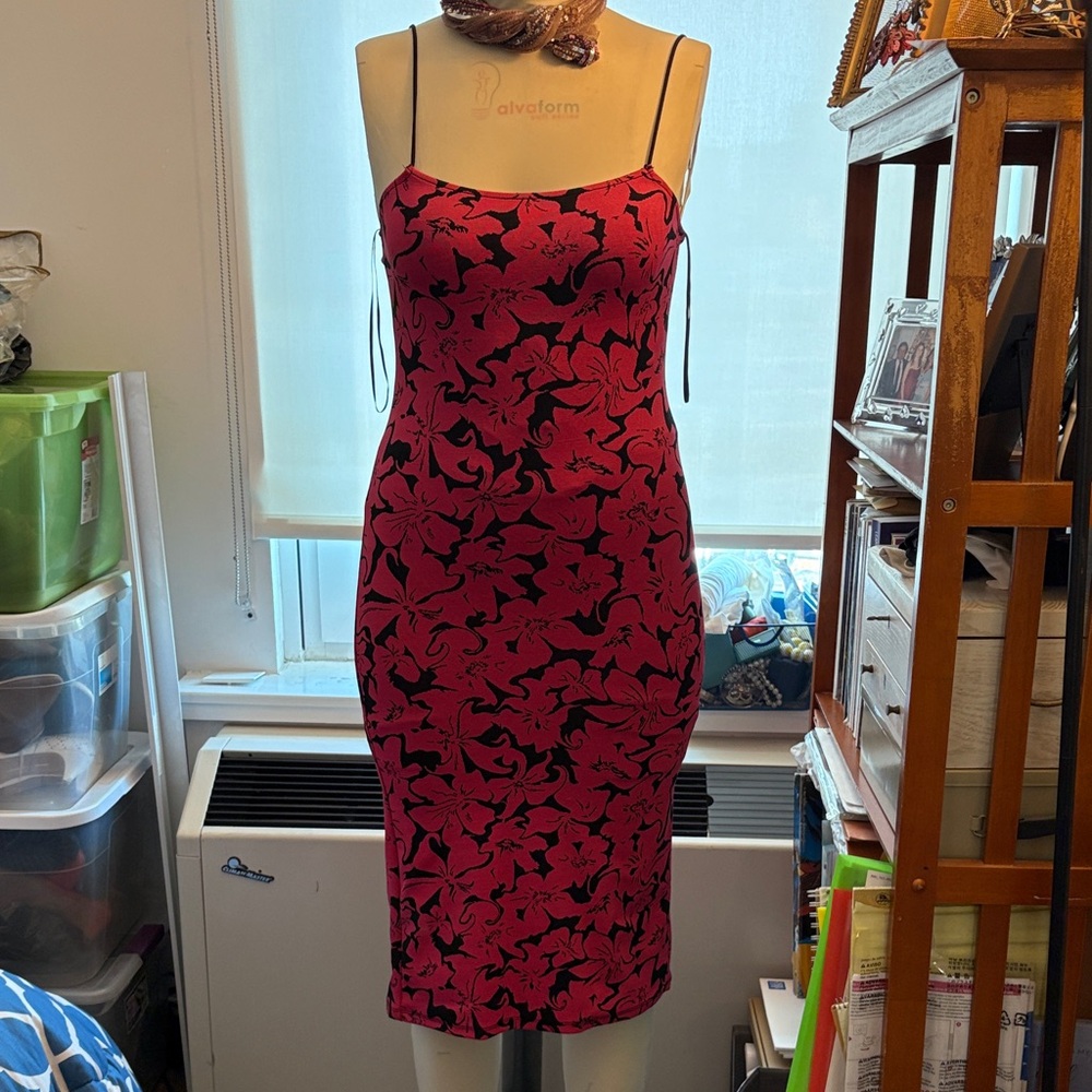 Zara Red and Black Floral Midi Dress